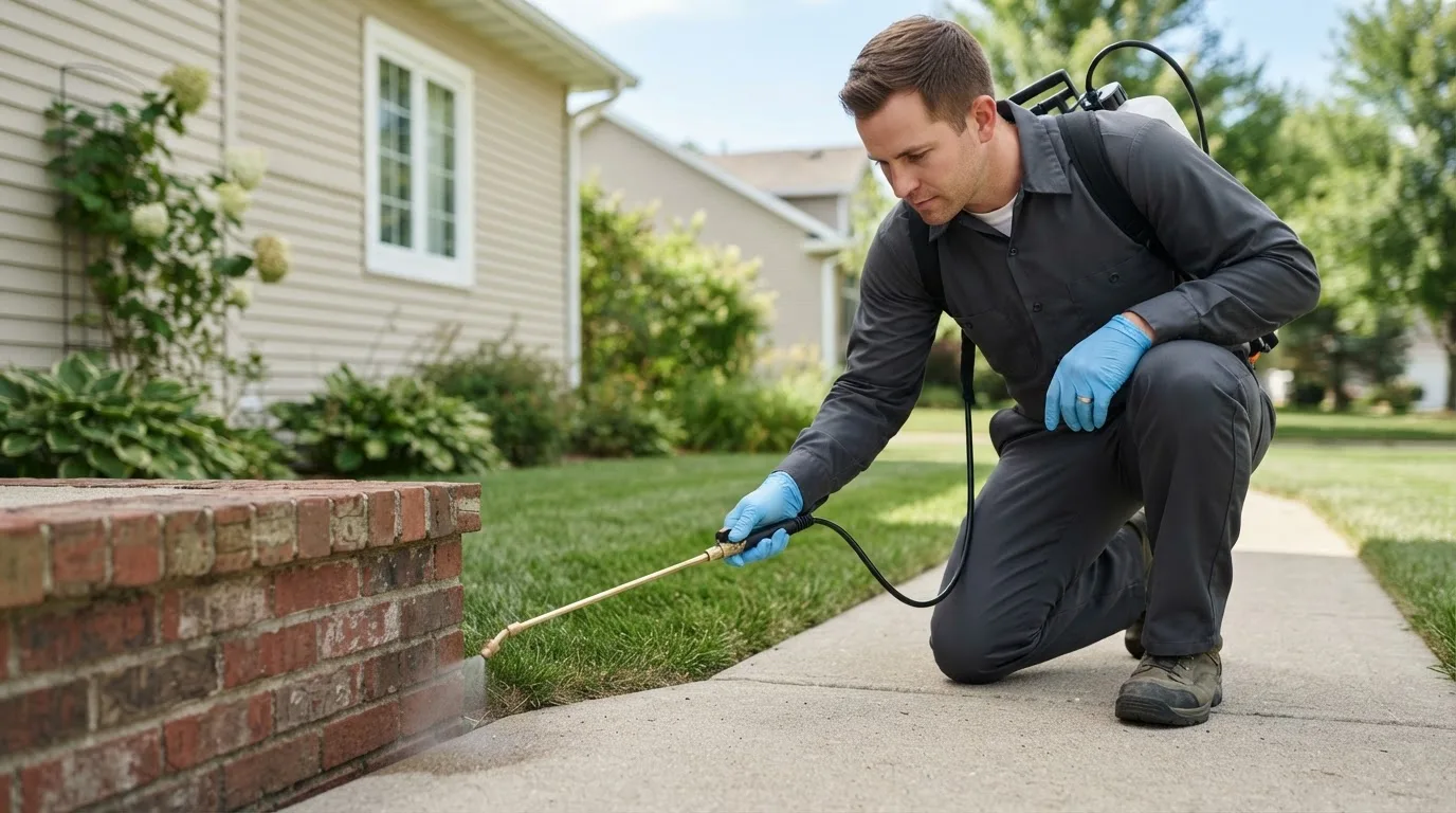 Pest control technician treating a home near Maribel, WI